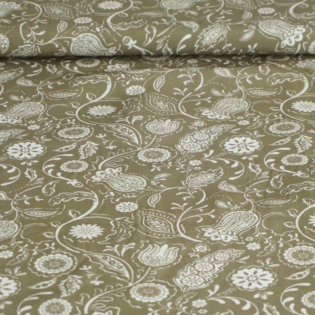 Viskose Druck Blütenranken Rosetten olivgrün